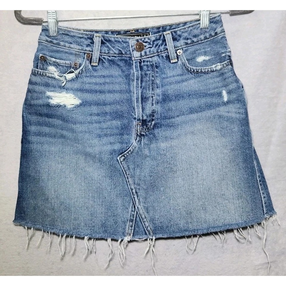 Y2K Abercrombie & Fitch Distressed Denim Mini Skirt Raw Hem Button Fly Size 4